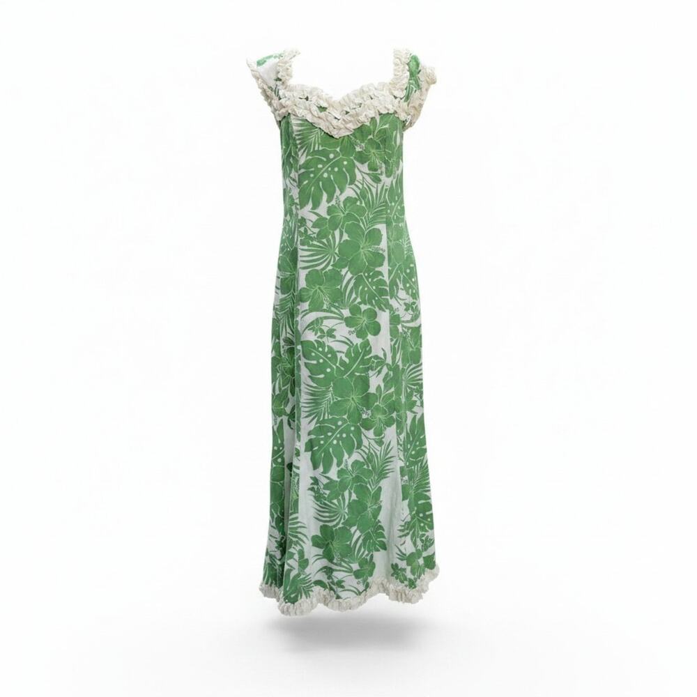 Royal Creations Green Nahenahe Ruffle Muumuu Maxi Monstera Dress Luau Resort XL - Picture 2 of 9